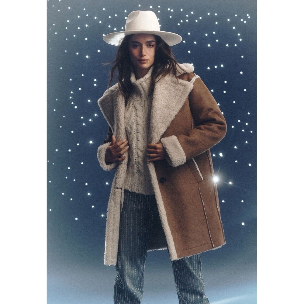 Avec Les Filles Anthropologie Coat Women Brown Faux Shearling Retro Size XL NWT